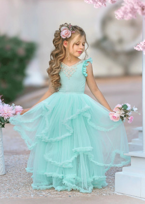 Seafoam Blue Tulle Gold Lace Corset Back Flower Girl Dress